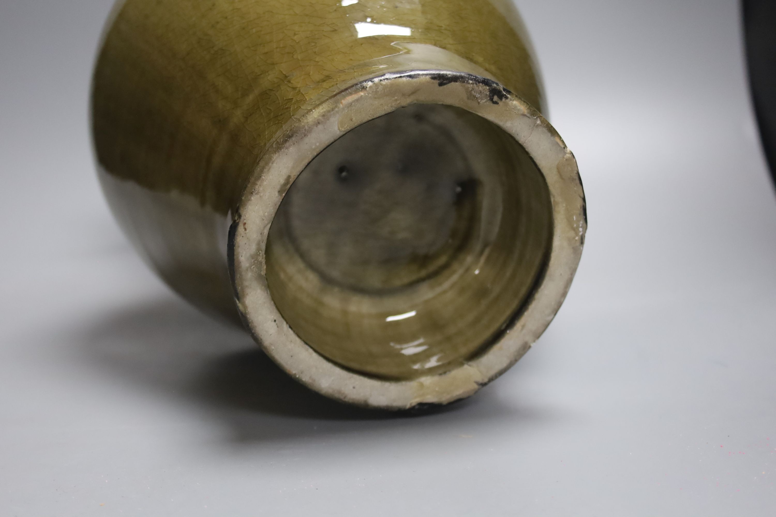 A large Chinese olive green glazed stoneware vase 40cm